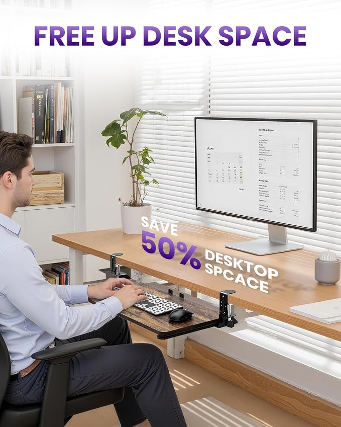 Ergonomic Mouse & Keyboard Tray Under Desk, Pull Out with Adjustable C-clamp, 20 (25.9 Including Clamps) x 11.8 Inch Slide Out Computer Keyboard Drawer Mouse Tray for Typing, Rustic Brown
