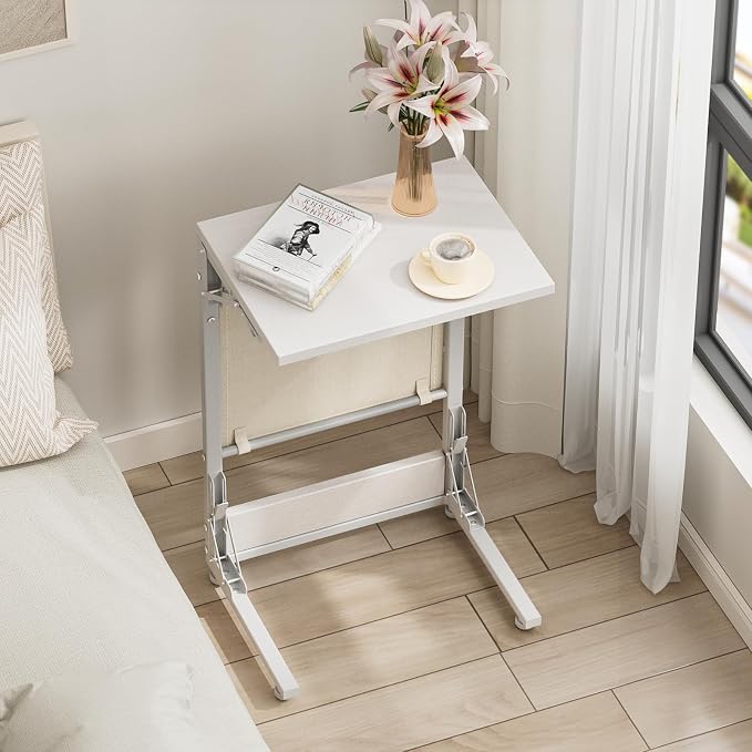 Folding TV Tray Table, 28.8" Tall C-Shaped Side Table for Couch and Bed, Slide Under Sofa Side Desk with Storage Bag - Sturdy Metal Frame Tray for Living Room, Bedroom, Home & Office (White)