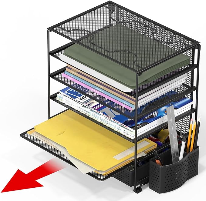 Simple Houseware 5-Tier Document File Tray with Sliding Drawer and Pen Bucket, Black
