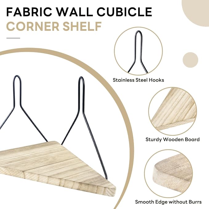 Fabric Wall Cubicle Corner Shelf with Hooks 11.8 Inch Wooden Triangular Cubicle Corner Shelf for Office Fabric Walls Display Storage Hanging Organizer for Work Decor Small Planter Photo Frame