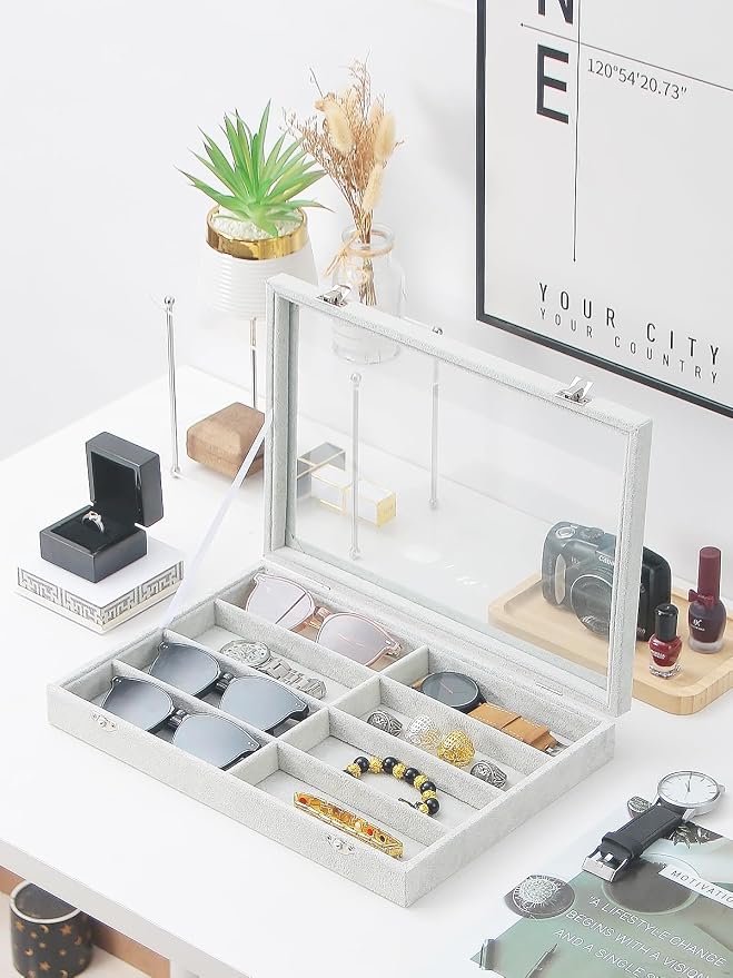 Jewelry Sunglasses Organizer Tray, Grey Velvet Eyeglasses Display Tray Box, Glasses Organize Storage Holder for Home Desk or Selling Show Display (with Lid)