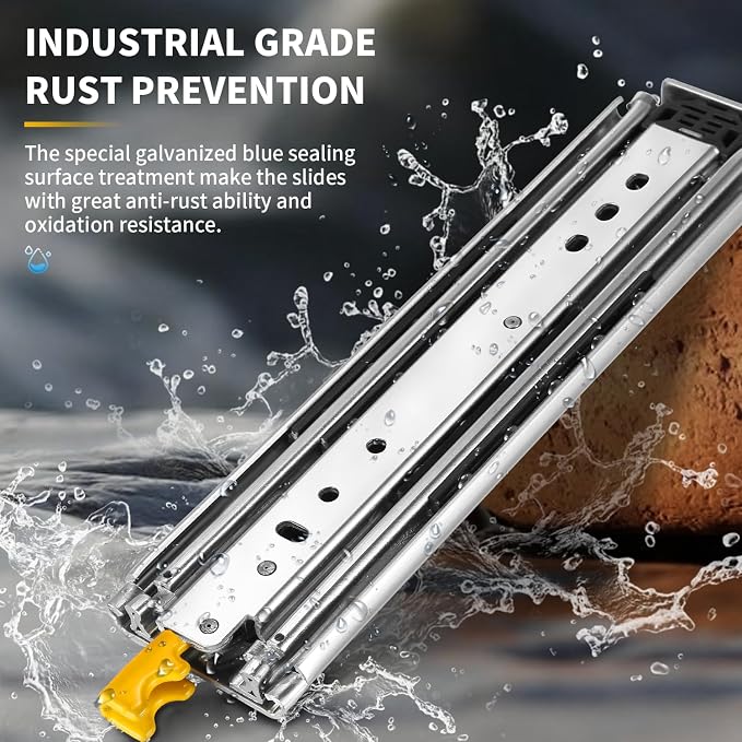 YENUO Heavy Duty Drawer Slides with Lock 12 14 16 18 20 22 24 26 28 30 32 34 36 38 40 44 48 52 56 60 Inch Full Extension Side Mount Ball Bearing Locking Rails Track Glides Runners Load 200 Lbs 1 Pair
