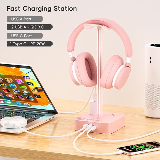 Pink Headphone Stand with USB Charger, Gaming Headset Holder with 3 USB Ports & 2 AC Outlets, PD Fast Charging & QC3.0, Desk Organizer for Girls, Gifts for Her,Girlfriend,Teen, Pink Gaming Accessories