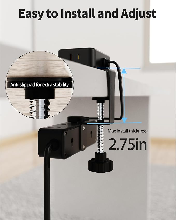 HOPOW Dual Layer Desk Clamp Power Strip with 13 AC Outlets 8 USB (4 USB C), Fit 2.75" Tabletop, Desktop Edge Mounted Surge Protector (1700J),10 Ft Extension Cord, Desk Outlet for Office Home, Black