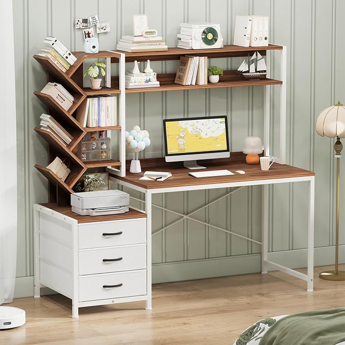 YOMILUVE Reversible Computer Desk with Hutch, Home Office Desk with Drawers and Bookshelf, 52'' Study Writing Desk with Storage Shelves for Bedroom Home Office, Brown and White