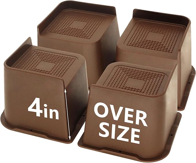 4 Pack Bed Risers 4 inch Heavy Duty Dark Brown, Oversized Furniture Risers, Bed Lifts Risers for Table, Sofa, Chair, Couch, Desk, Bed Frame Risers Supports Up to 6,500 Lbs