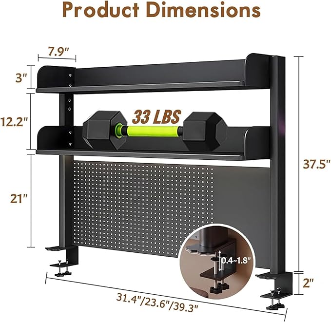 CHSSIH Clamp On Desk Pegboard Shelf - Metal Desktop Organizer Hutch with 2 Shelves for Storage and Display, Desk Add-On Shelf for Office, Dorm, or Computer Monitor Stand, Black, 31.4In