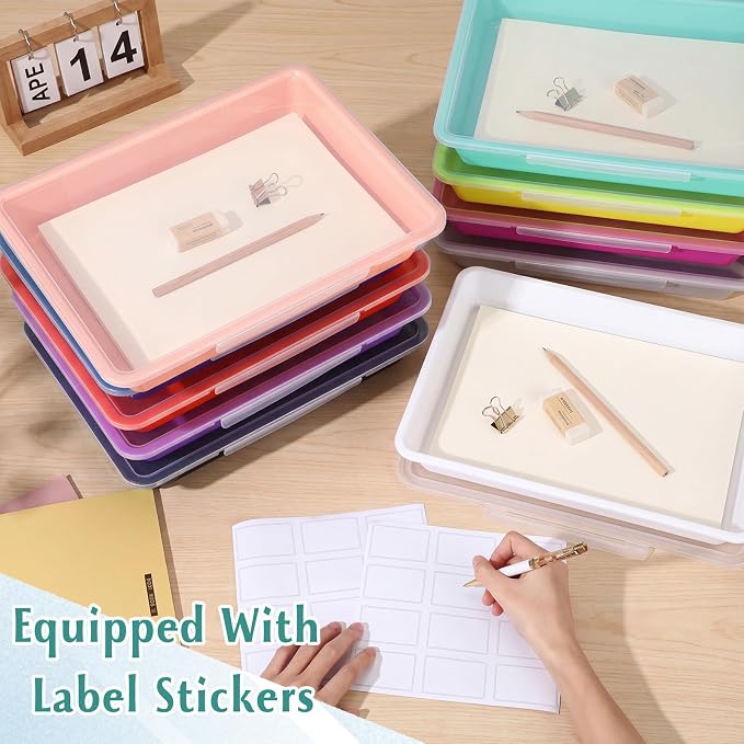 Tinlade 12 Pcs Classroom Paper Storage Bins with Clear Latching Lid, Label Stackable Letter Size Flat Tray Container for Teacher Back to School Supplies Home Office Desk Arts Crafts (Vibrant,13x10in)