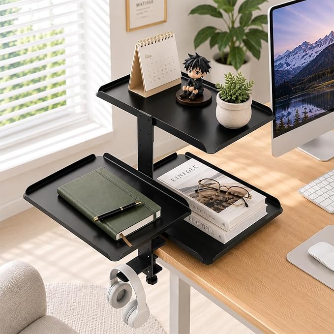 3 Tier Clamp On Desk Shelf, No Drill Desk Extension Shelving Unit with Adjustable Metal Trays & Headphone Stand Above or Under Desk Storage, Heavy Duty Desktop Storage Rack for Home Office