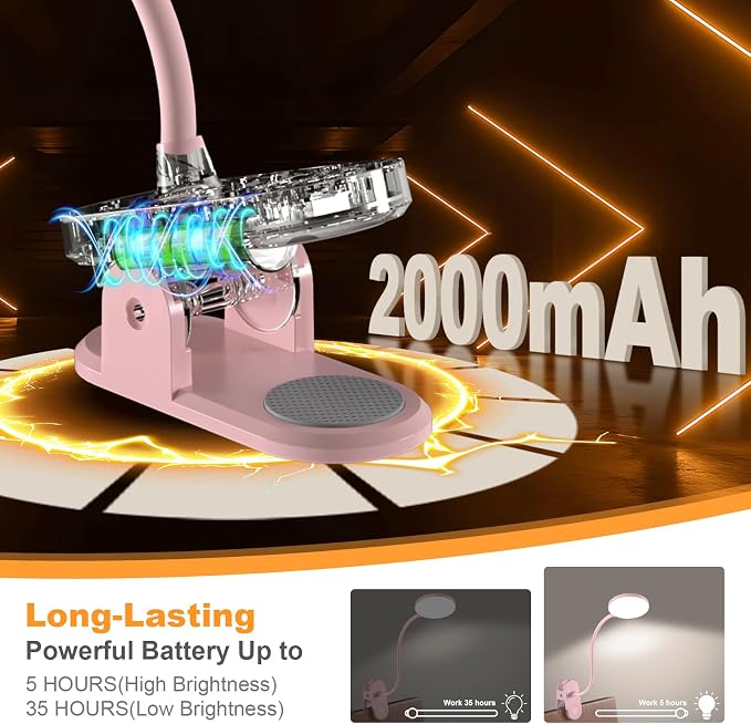 Rechargeable LED Desk Lamp with Clamp, Portable Clip on Light with 3 Color & 10 Brightness, Cordless Desk Light for Makeup Home Office Book Reading Crafting Sewing Drawing Knitting Puzzle (Pink/4.7'')