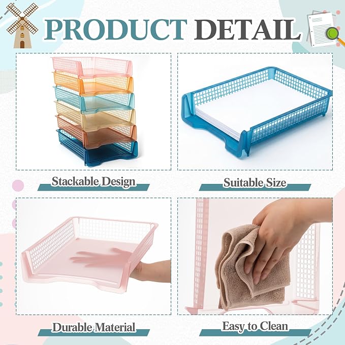 Geetery Set of 12 Plastic Trays for Teachers Turn in Trays Classroom Stackable Paper Tray Plastic Classroom Teachers Desk Letter Organizer Storage Baskets for Office, Desk, Home (Clear Boho Color)
