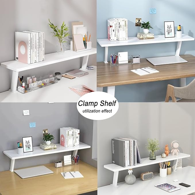 31.5x7.8in Clamp on Desk Shelf, Adjustable Desktop Organizer Extension Bookshelf Above Storage Rack Accessories for Home Office Organization White