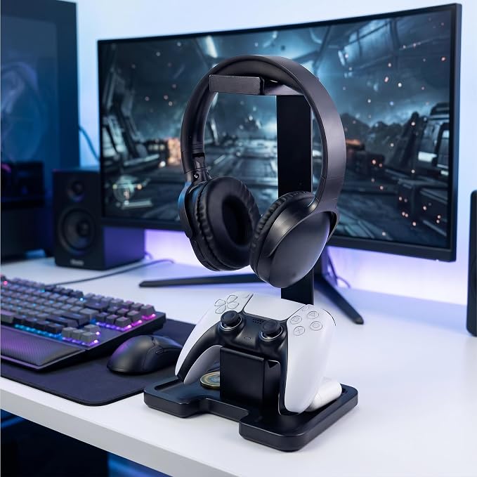 Gaming Accessories Headset Stand with Game Controller Holder & Storage Base, Stylish Gamer Gifts for Men Teenage Boy Headphone Stand, Unique Gifts for Gamers to Organize Gaming Equipment (Black Wood)