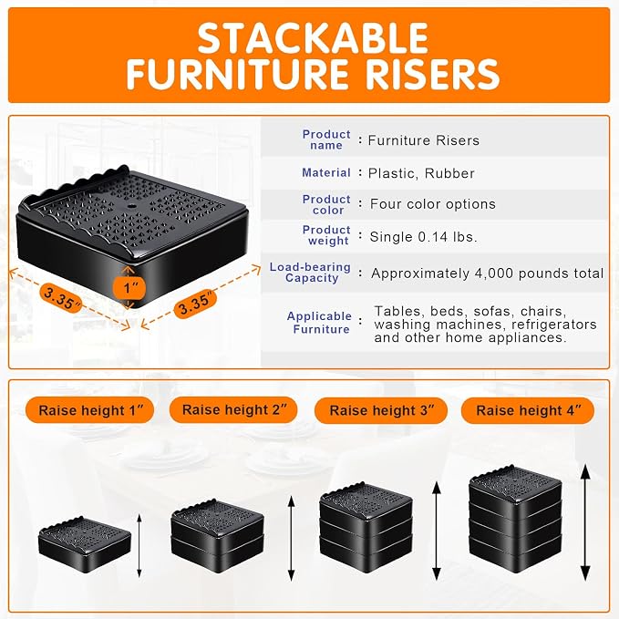shouwuhho Furniture Risers, 8 Pack Bed Risers with Non-Slip Grip and Heavy Duty Support, 1 Inch 2 Inch 3 Inch 4 Inch Height Lift for Couch, Sofa, Table, Desk, Chair, Refrigerator - Black, 1 Inch