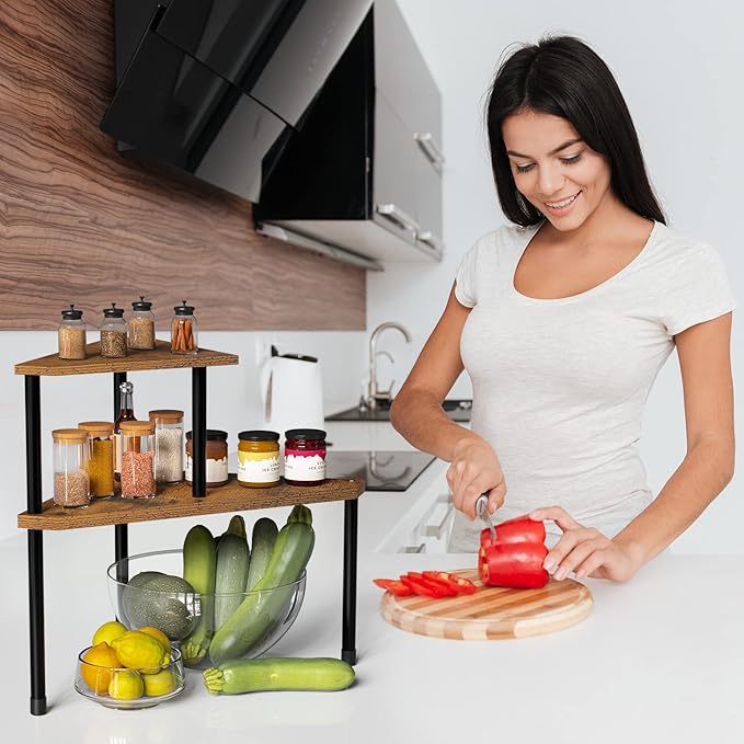 Weenson Kitchen Countertop Organizer Spice Rack for Salt, Bathroom Counter Organizer Over Sink for Toiletries, Makeup, 2-Tier Corner Counter Shelf for Coffee Area Storage Dresser Table(Rust Brown)
