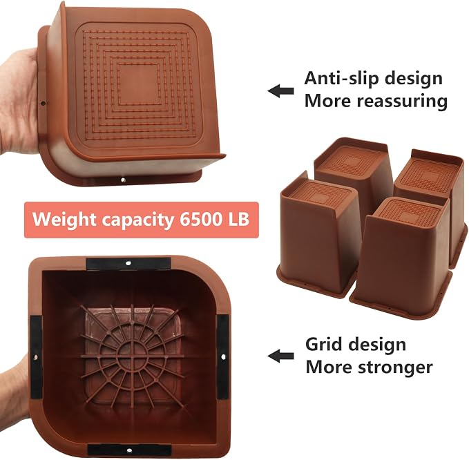 6 Pack Brown Bed Risers 6 inch Heavy Duty, Oversized Furniture Risers, Bed Lifts Risers for Table, Sofa, Chair, Couch, Desk, Bed Frame Risers Supports Up to 6,500 Lbs