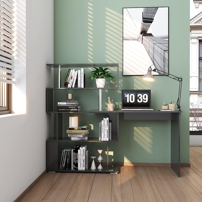 Mondeer 41.7" L Shaped Desk with 4-Tier Storage Shelves, Computer Corner Desk for Study Home Office Living Room (Black)