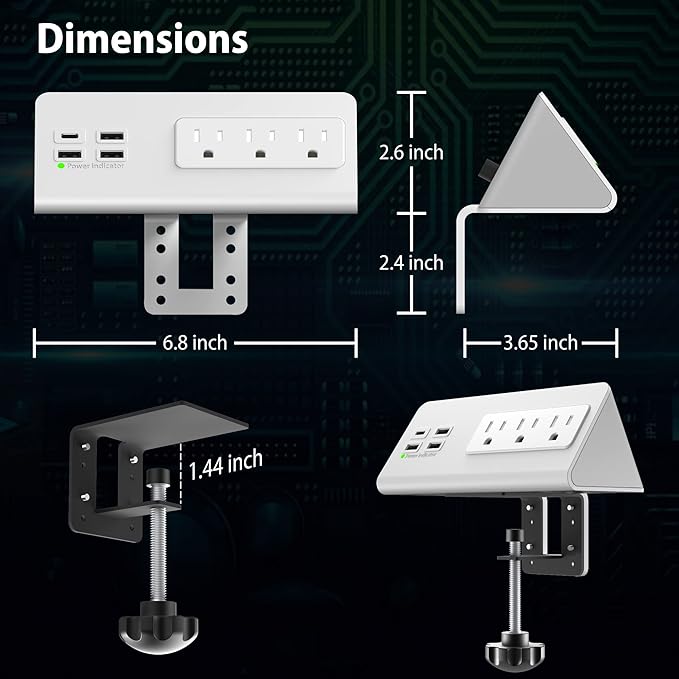 Nightstand Edge Mount Power Strip with USB-C Ports Tabletop Surge Protector Desk Clamp Power Sockets with 3 AC Outlets &4 Fast Charging USB Ports for Home Office Hotel and Dormitory (White(2-Pack))