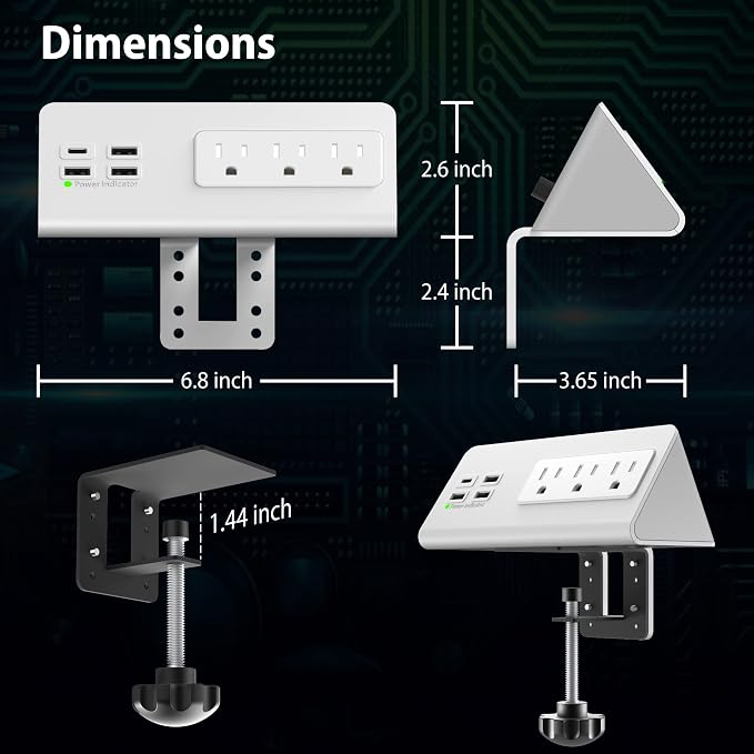 Nightstand Edge Mount Power Strip with USB-C Ports Tabletop Surge Protector Desk Clamp Power Sockets with 3 AC Outlets &4 Fast Charging USB Ports for Home Office Hotel and Dormitory