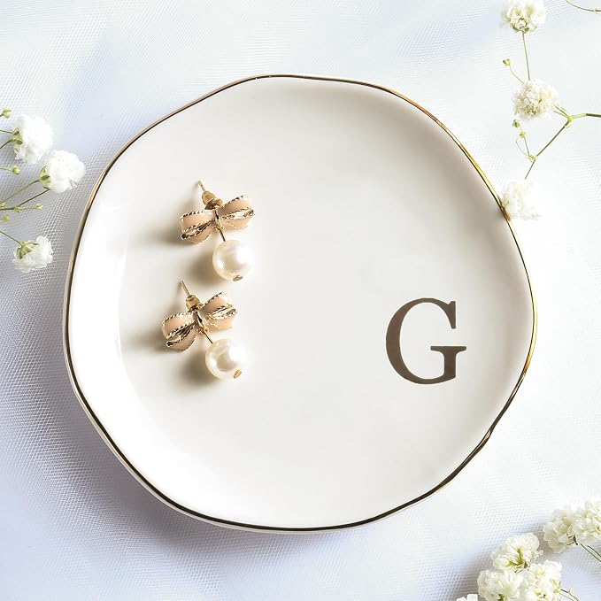 Ceramic Jewelry Tray Ring Dish Personalized G-Monogrammed Engagement Wedding Gifts, for Birthday Mother's Day for Women, Ceramic White 4.75" (G)