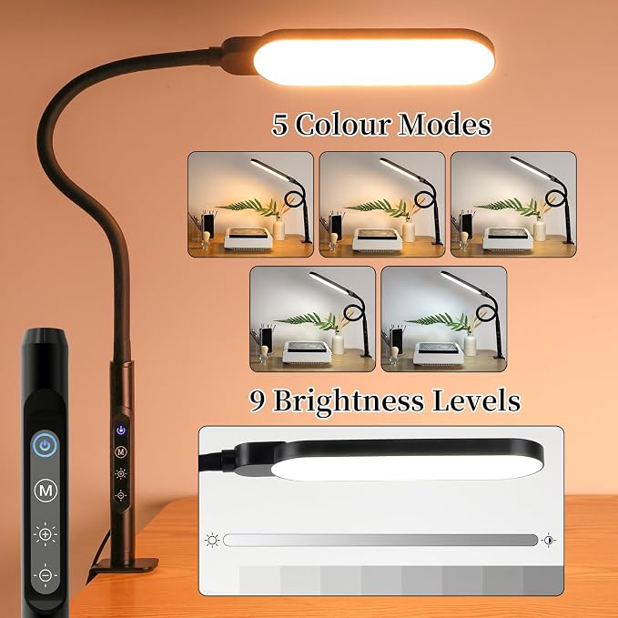 BQAN LED Desk Lamp with Clamp, 15W Eye-Caring Clip on Light, Adjustable Gooseneck Desk Lamps for Home Office with 5 Modes & 9 Brightness Levels for Reading, Studying, Nail Art, and Work(Black)