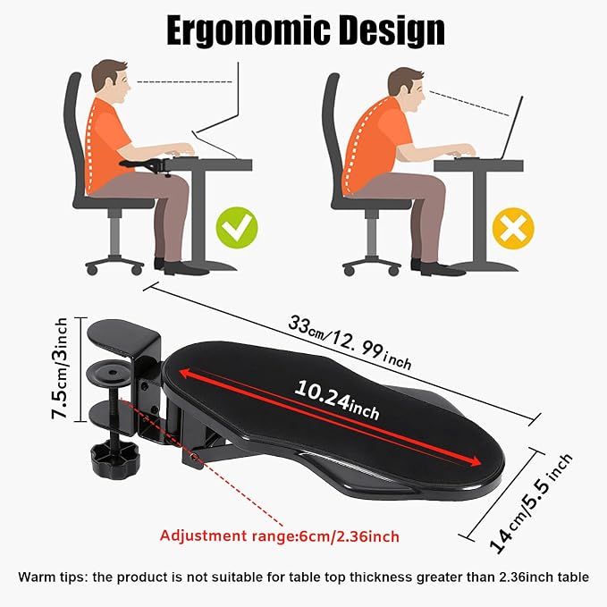 Computer Arm Rest for Desk, 180° Adjustable Rotating Desk Extender Tray, 90° Foldable Elbow Arm Support, Ergonomic Desk Arm Wrist Rest Shelf for Home and Office