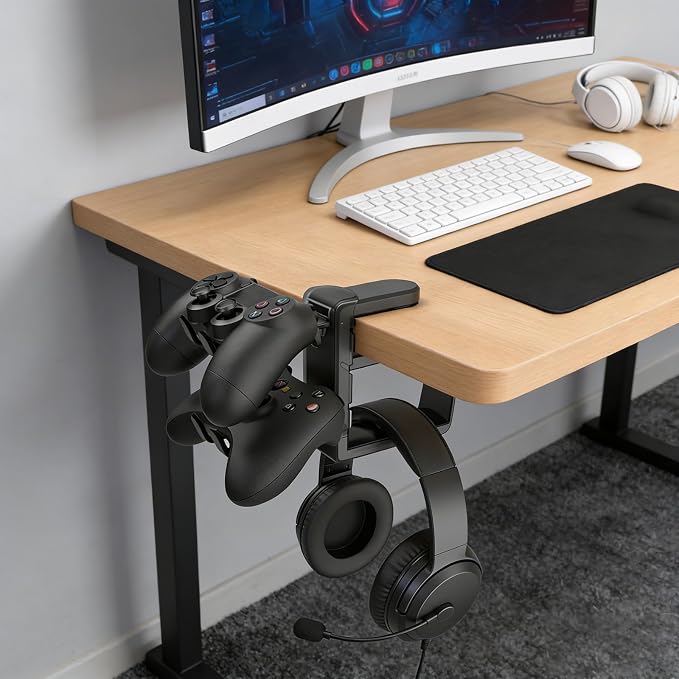 Controller Holder & Headphone Stand,3-in-1 Rotatable Under Desk Hook Compatible with PS5/Xbox,Dual Game Controller Stand & Headset Hanger, Gaming Desk Organizer (Black)