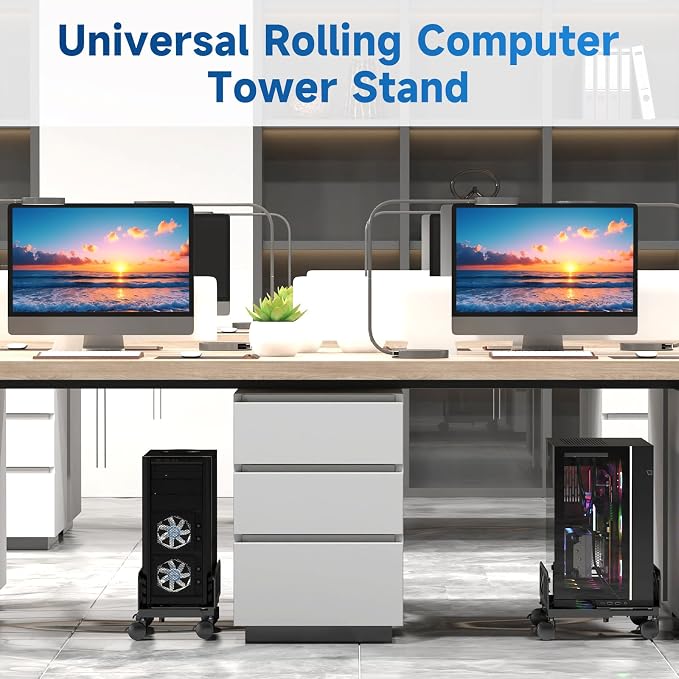Suptek Computer Tower Stand,7.28 to 11.81 inch Wide Adjustable CPU Steel Rolling Stand,Under Desk or Floor Mobile CPU Stand Holder with Locking Caster Wheels,Gaming PC Holder, Black