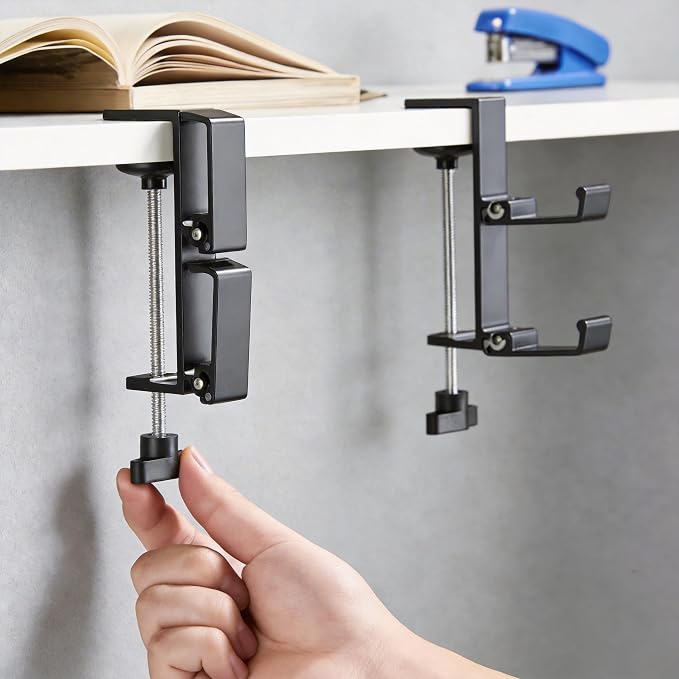 Heavyrain Desk Edge Headphone Holder and Bag Hook, Clamp-On Design, No Drill Installation (Carbon Black)