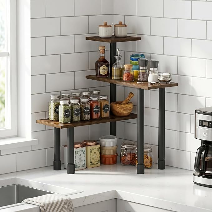 Furinno Turn-N-Tube Kitchen Countertop Organizer, 3-Tier Corner Countertop Organizer Shelf, Corner Shelf, for Kitchen, Pantry, Organizers and Storage, Amber Pine