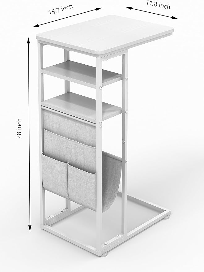 C Shaped End Table 28"(H) 3-Tier C Table with Storage Bag, Under Couch Table C-Shaped End Table with Storage Shelves and Bag for Living Room, Bedroom, or Office