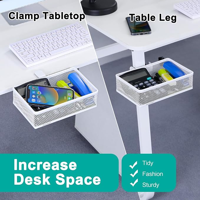 Under Desk Drawer Organizer - Clamp-On Above or Below Desk Mesh Drawer for Office Accessories, Storage Tray, and Desktop Organizer (White - Small)