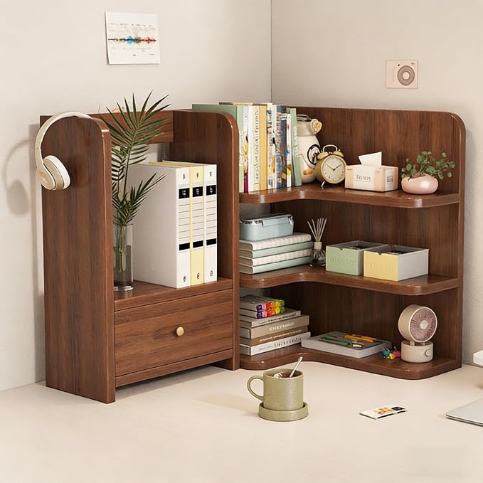 Desktop Shelf Organizer Corner Bookshelf, Computer Desktop Bookshelf Storage Rack for Desk Top, Wooden Desk Storage Hutch with Drawer, 3 Tier Desktop Organizer Shelf(Brown,60+50CM/23.6+19.7IN)
