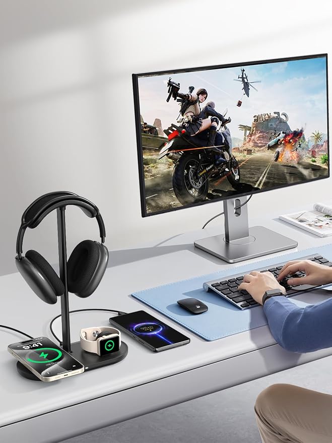 TopMade 4 in 1 Headphone Stand for Desk with Wireless Charger & USB Charging for iPhone/AirPods/iWatch, Universal Desktop Gaming Headset Holder for Airpods Max, Bose, Beats, Razer and More, Black