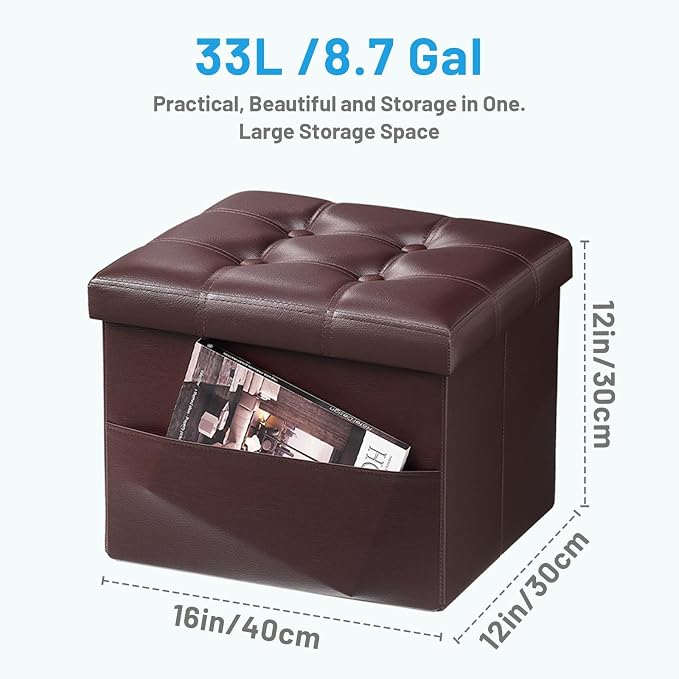 Bsketa Storage Ottoman Foot Rest Stool, Small Leather Storage Ottomans Bench, Folding Footstool with Side Pockets, Foot Rest Under Desk for Living Room Bedroom, 16x12x12 in, Brown