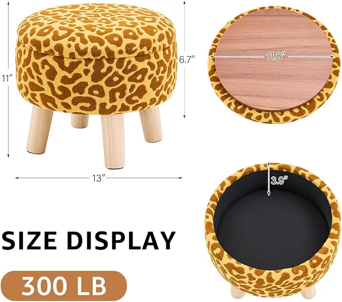 Wimarsbon Storage Ottoman, Modern Round Footrest with Soft Padded Seat, Pattern Velvet Footstool with Wood Legs, Accent Small Table or Plant Stand for Hallway, Living Room (Yellow)