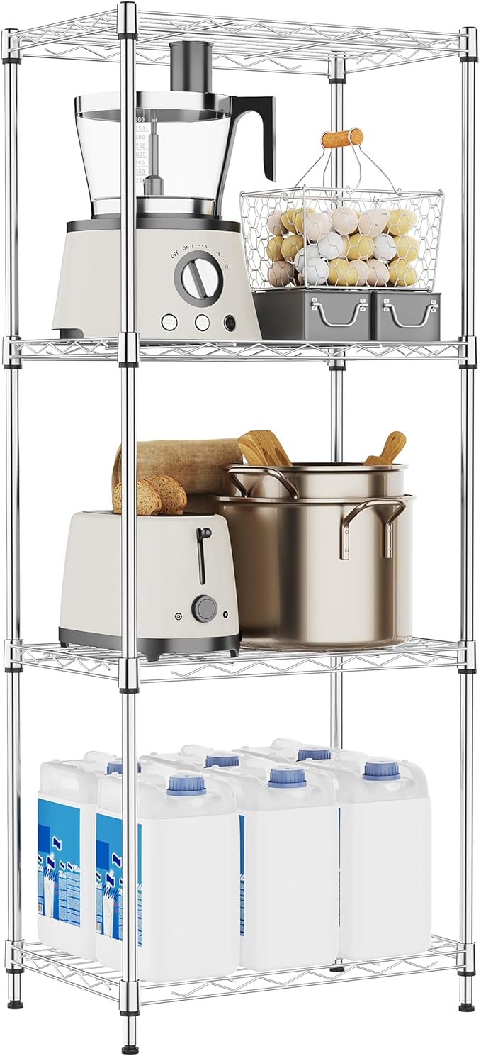 M MZG 4 Tiers Shelf Metal Storage Shelves Wire Rack Closet Organizers with Wheel for Garage Kitchen Bathroom Laundry Chrome 11.8" D x 17.7" W x 41.9" H