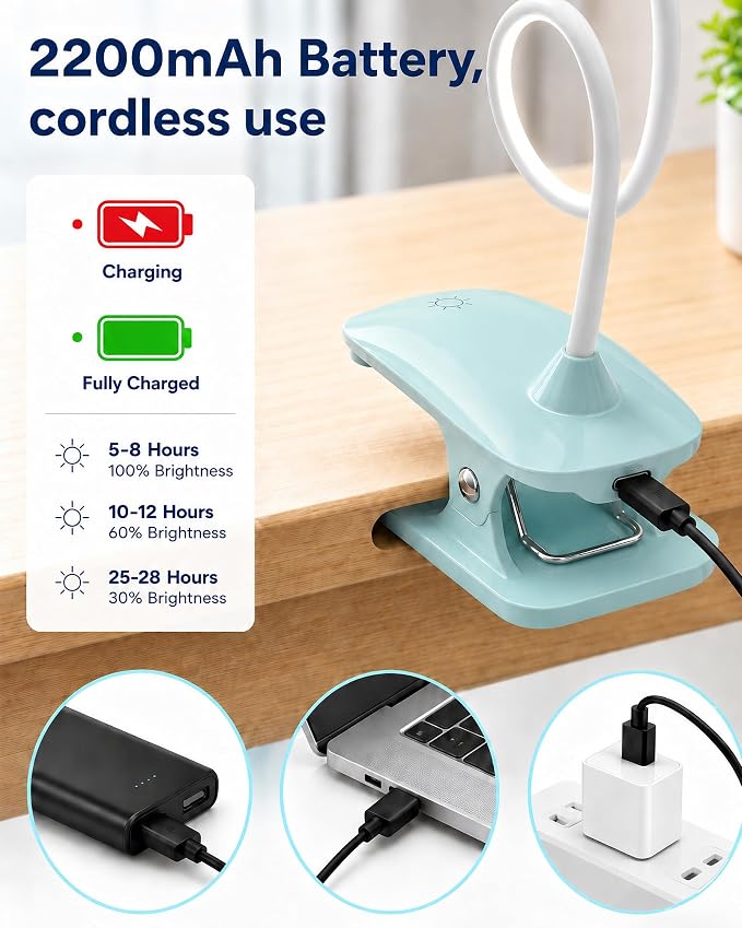Clip On Reading Light for Bed Headboard, USB Rechargeable Cordless Clamp Lamp for Dorm Room Essentials, Touch Dim, 3 Colors, Eye Protect LED Desk Lamp for College Dorm Room, Gooseneck,Green