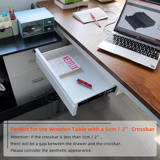 Under Desk Drawer 18", Pull-out Storage Organizer with Tall Brackets Mounted Under Wooden Table with a Max 2" Crossbar, White_Tall Version