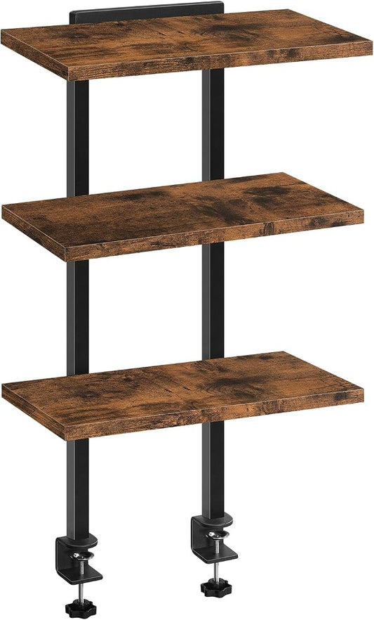 MAHANCRIS Clamp On Desk Organizer, 3-Tier Desktop Bookshelf, Adjustable Desk Storage Shelf, Metal Frame, for Office, Study and Game Room, Rustic Brown DSHR3601