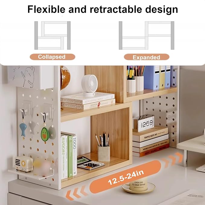 Desk Organizer Shelf, Space-Saving with Side Pegboards Retractable Suitable for Corners Stable, Desk Storage for Dormitories Bedrooms Offices(Black)