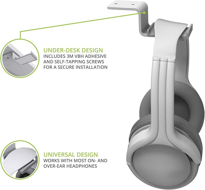 Kanto HH Universal Under Desk Headphone Hook - White - Solid Steel Construction - Mount using 3M adhesive or 2 included screws