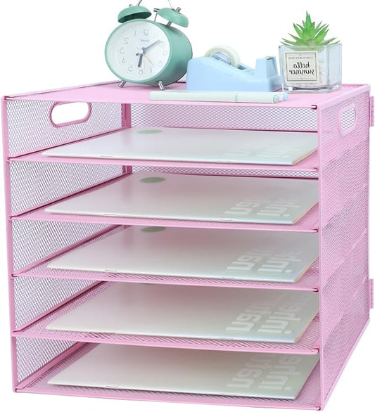 5 Tier Lettrer Tray Organizer, Metal Mesh Desk File Organizer with Sliding Trays, Paper Sorter Desk Organizer for Home Office School, Pink