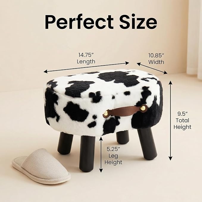 Foot Stools Small, Cow Ottomon with Handle, Velvet Footrest | Curved Foot Stool with Padded Seat Wooden Legs, Portable Foot Rest for Living Room, Bedroom, Entryway (Cow)