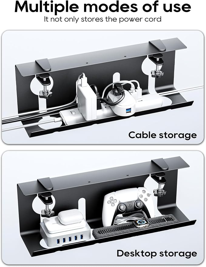 NODOCA No Drill Under Desk Cable Management Tray, 17'' Wire Management, Punch-Free Clamp on, Metal Cable Tray, Wire Organizer Under Desk, Under Desk Basket for Office and Home, Black(2 Packs)