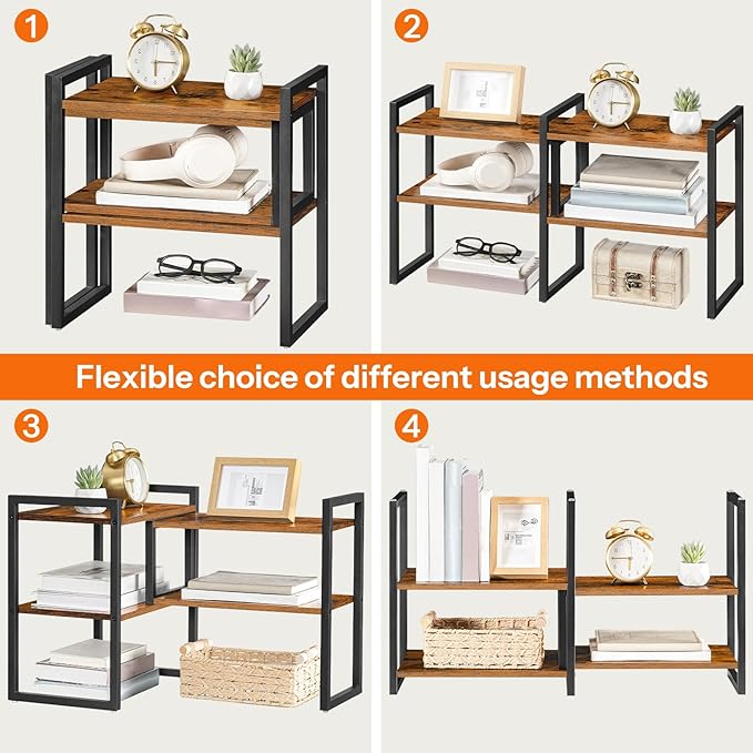 HOOBRO Desk Shelf Organizer, Adjustable Desktop Bookshelf, 2-Tier Shelf for Top of Desk, Wooden Office Storage Rack, for Office, Study, Kitchen, Dorm, Rustic Brown and Black BF39SJ01