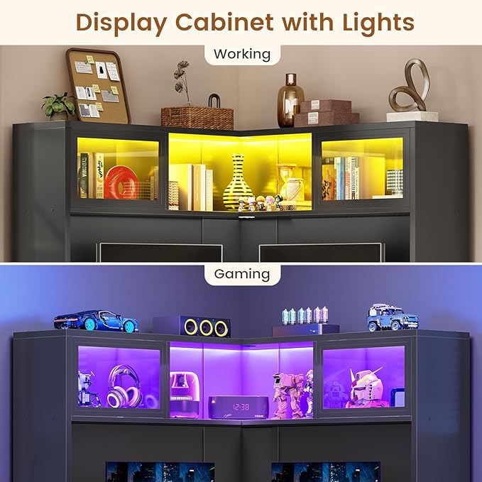 SEDETA 31.5" Corner Desk with Drawers, Small Office Computer Desk with Storage Shelves & Hutch for Small Space, Gaming Desk with LED Lights & Power Strip for Home Office, Black