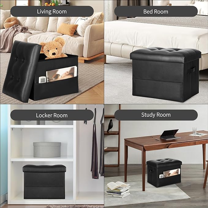 Storage Ottoman Foot Rest Stool with Thicker Foam Padded Seat. Foldable Leather Footstool Bench. Small Ottoman with Storage for Living Room Bedroom Coffee Table 350 lbs, 17x13x13in, Black.