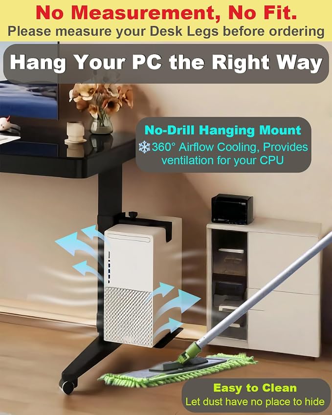Under Desk PC Mount - No Drilling Heavy Duty 40 lbs Capacity, Adjustable Height and Width Clamp-on Desk Leg PC Mount for Standing Desks (Fits 75mm×45mm Legs only), with Non-Slip Pads, White