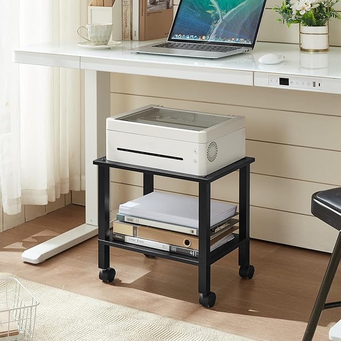 YUFAM 2 Tier Printer Stand with Storage,Under Desk Shelf Printer Table, Rolling Printer Cart for Office,Home,Black